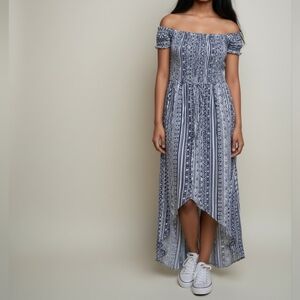 Salty Lemon Off-Shoulder High Low Dress in Navy and White